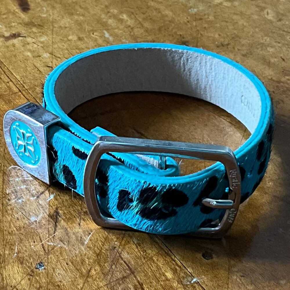 Rustic Cuff Calfhair Animal Print Cheetah Turquoise Buckle Logo Bracelet